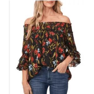 CeCe Floral Print Smocked Off The Shoulder Blouse Size M